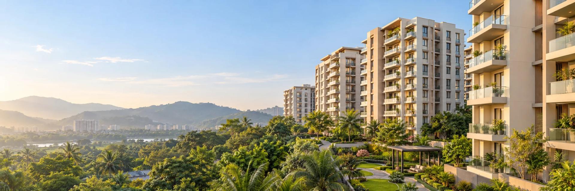 Illustrative view of contemporary apartments and landscaped gardens