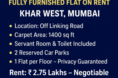 3 BHK + Servant Room Fully Furnished Flat on Rent – Khar West, Mumbai