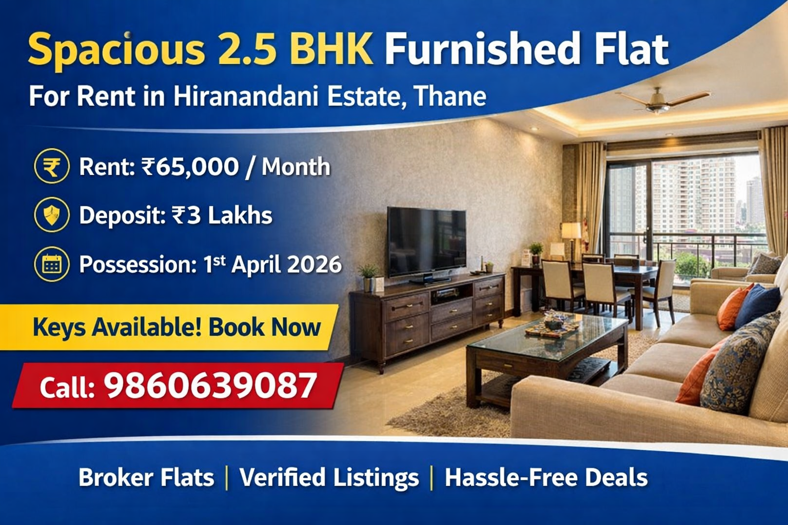 Broker Flats - Spacious 2.5 BHK Fully Furnished Flat for Rent in Hiranandani Estate, Thane West