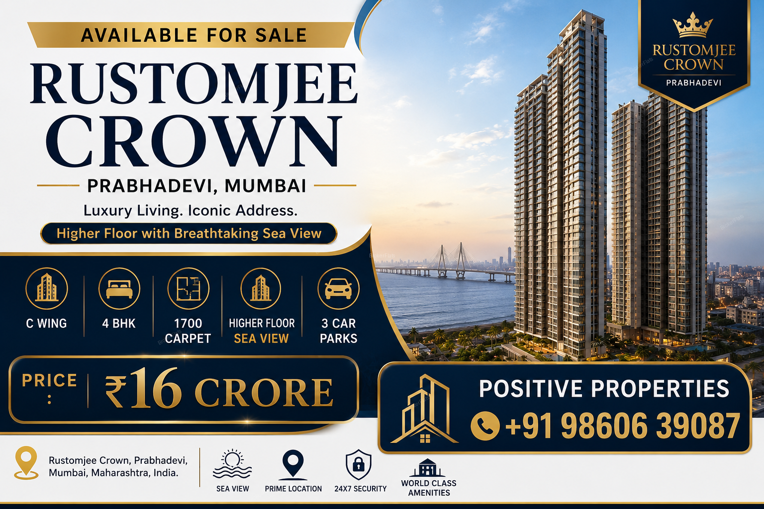 4 BHK Flat for Sale in Rustomjee Crown Prabhadevi Mumbai | 1700 Sq Ft Sea View